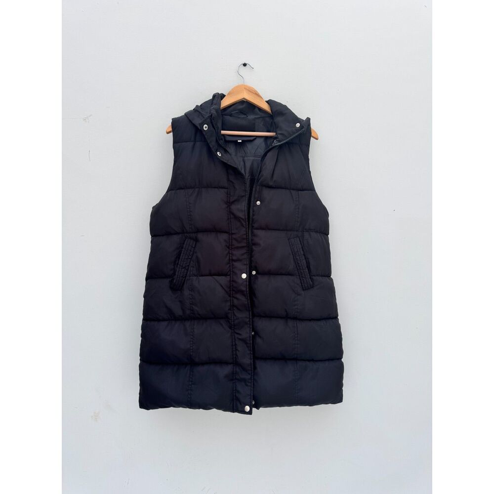 Tanming Black Long Puffer Vest Removable Hood Size XL